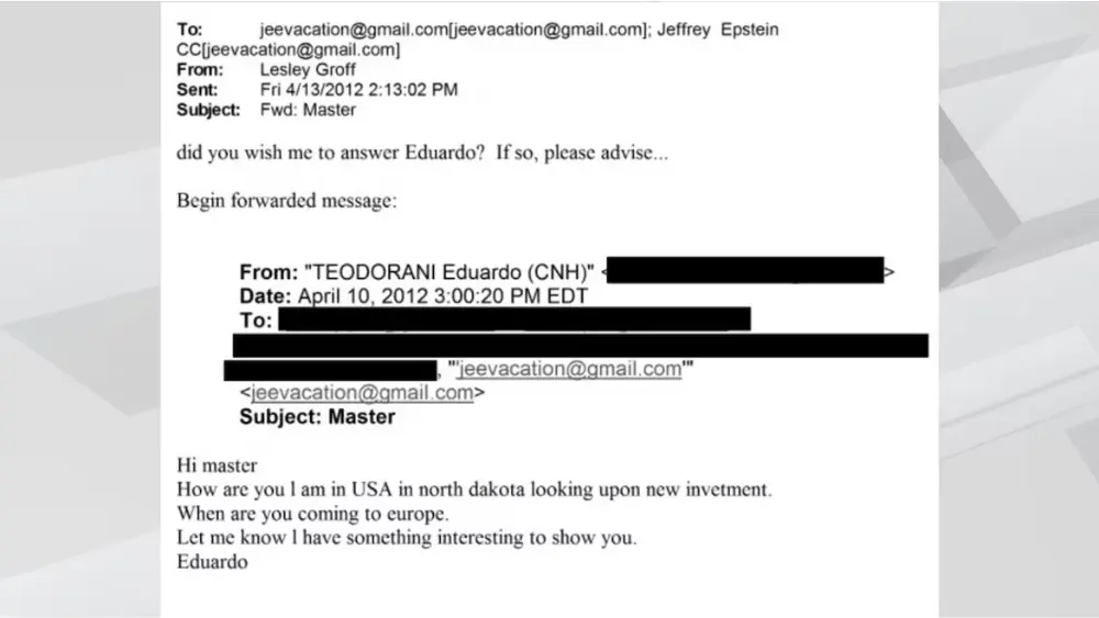 Email sent to Jeffrey Epstein from Eduardo Teodorani while he was visiting North Dakota.