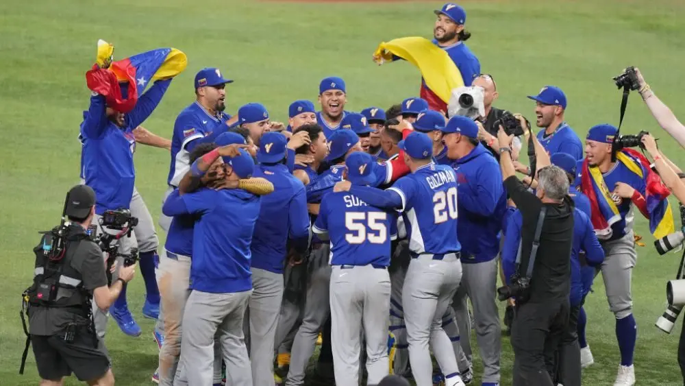Team Venezuela celebrating their World Baseball Classic championship win