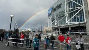Fans standing outside hockey stadium in San Jose