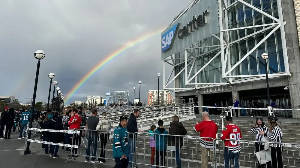 Fans standing outside hockey stadium in San Jose