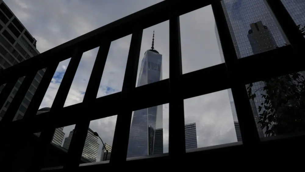 a skyscraper in the background