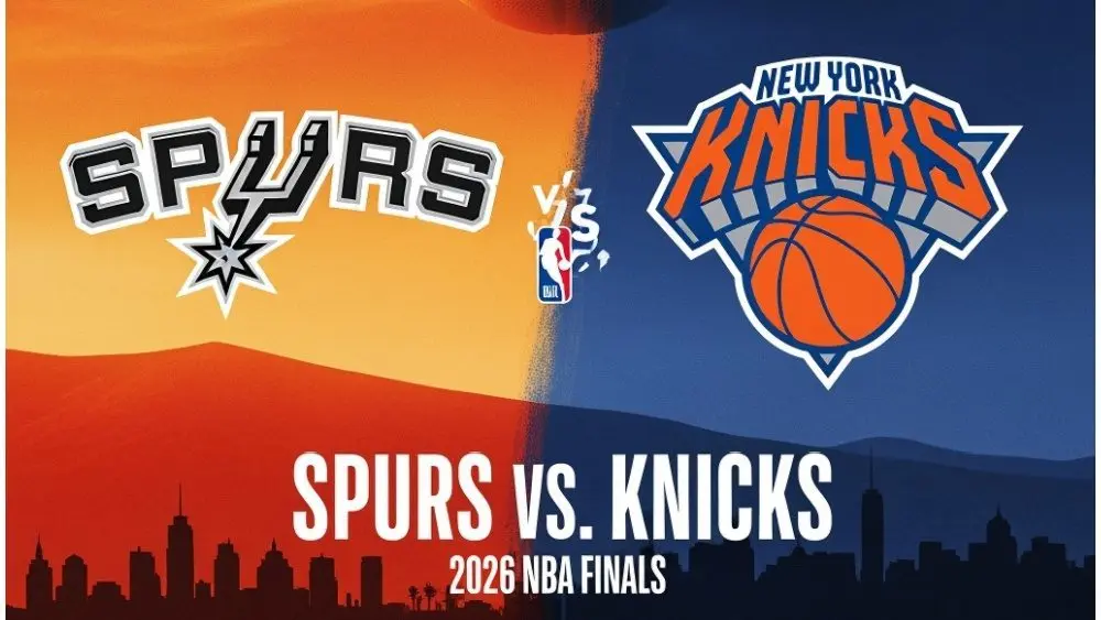Print that states the spurs vs. the knicks for the 2026 basketball finals. Displays logos for both teams on orange/blue background. (This content was generated by an Artificial Intelligence (AI) system.)