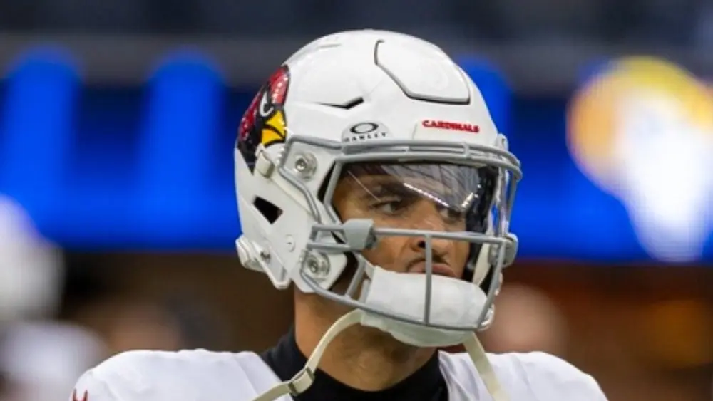 Arizona Cardinals wide receiver Michael Wilson (14) warms up before an NFL football game against the Los Angeles Rams at SoFi Stadium^ in Inglewood^ Calif. on Sunday January 4^ 2026.
