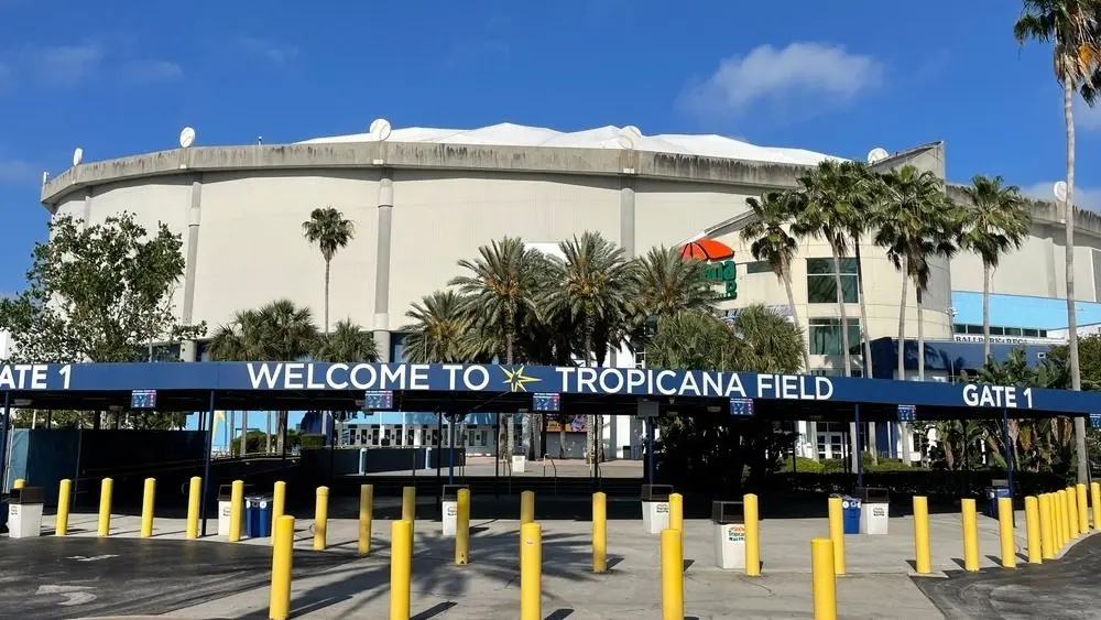 A path leads to the entrance of Tropicana Field^ a domed baseball stadium in St Petersburg^ Florida and home to the Tampa Bay Rays St Petersburg^ FL^ USA May 2^ 2024