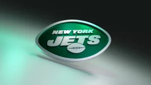 New York Jets logo on dark background with shiny details. 3D render.