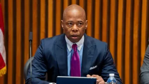 NYC Mayor Eric Adams speaks during a briefing with police brass at One Police Plaza on April 3^ 2024 in New York City.