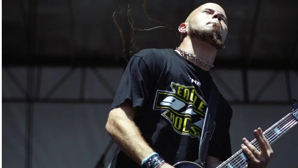 Guitarist C.J. Pierce of the Heavy Metal band Drowning Pool performs in concert June 6^ 2001 at Mile High Stadium in Denver^ CO.