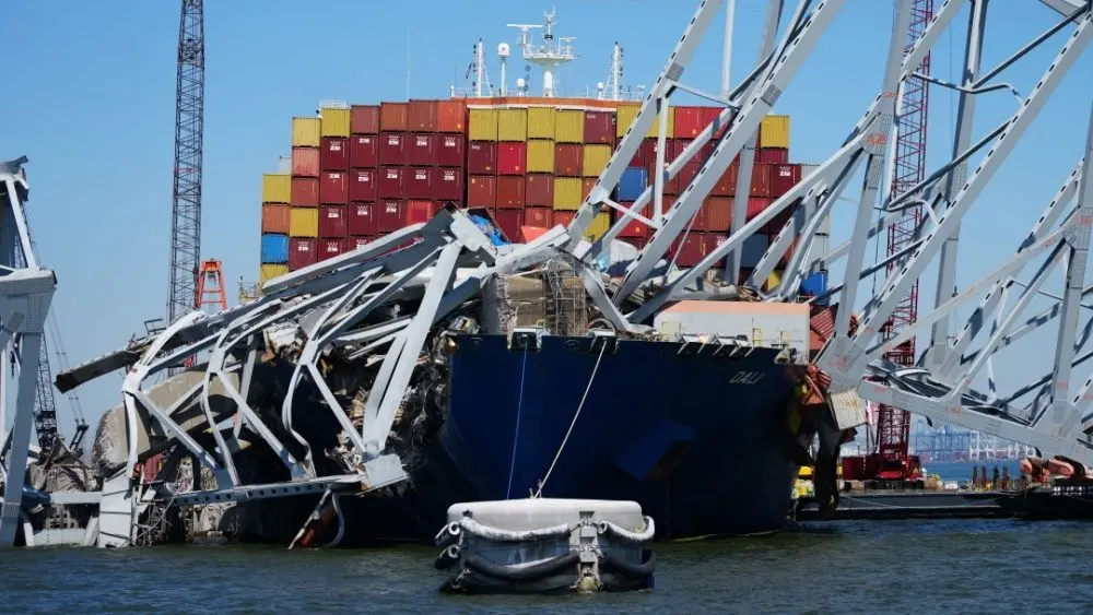 Container vessel Dali is trapped and aground under the wreckage of the Francis Scott Key Bridge in Baltimore. Baltimore^ MD USA - 4-23-2024