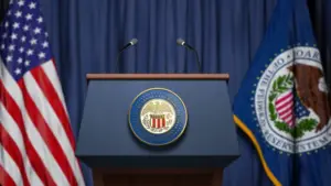 Federal Reserve System Fed of USA chairman press conference concept. Tribune with symbol and flag of FRS and United States. 3d illustration