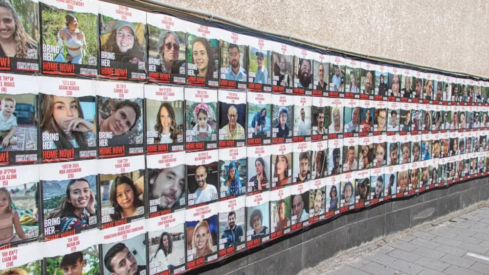 Israeli civilians gathered in solidarity for the missing and kidnapped Israeli people^ and demanding to bring the hostages home now from Gaza war. Tel Aviv^ Israel - November^ 2023