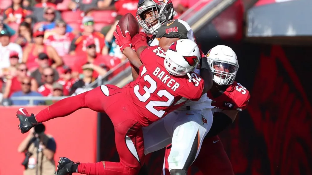 Arizona Cardinals strong safety Budda Baker (32) tries to break up the pass. Nov 10^ 2019; Tampa^ FL USA;