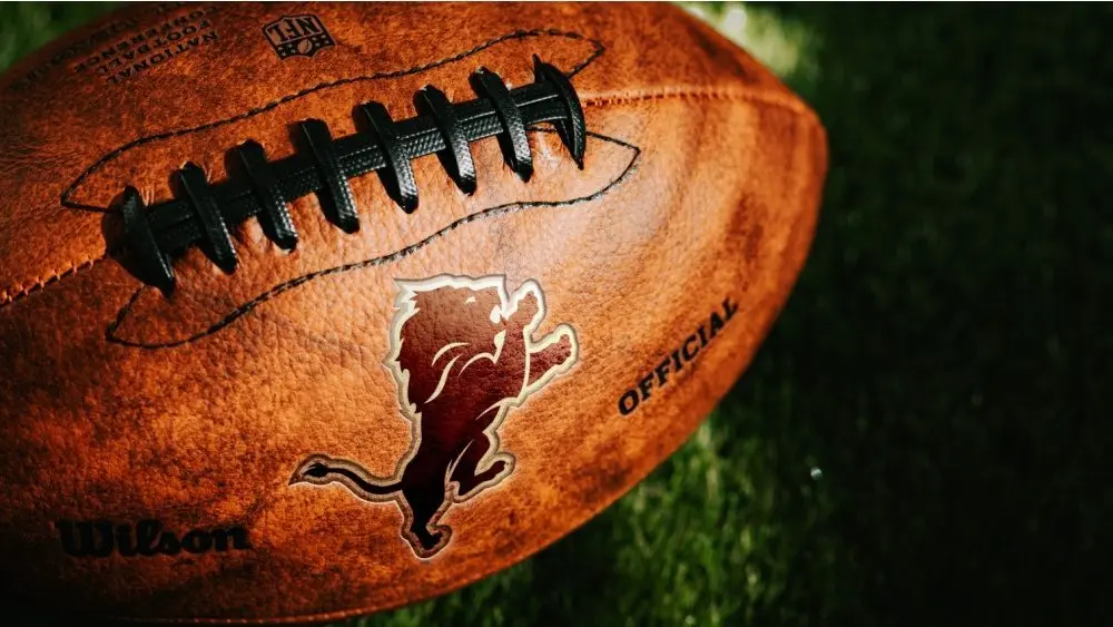 Detroit Lions NFL football Team Logo on the leather of American Football Ball NEW YORK^ USA^ FEBRUARY 11^ 2025