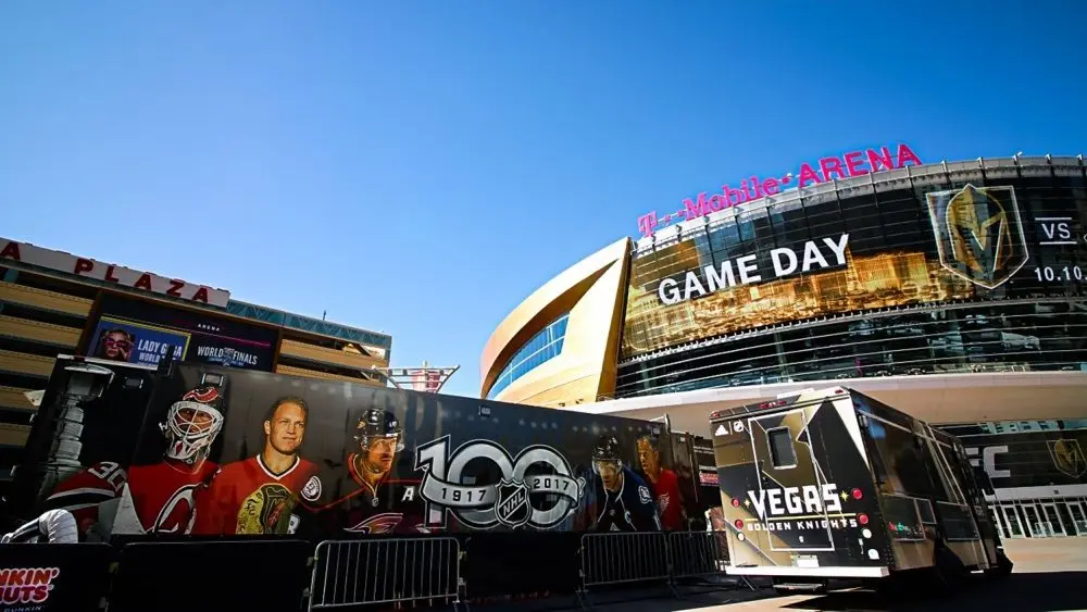 Exterior view of the T Mobile Arena in Las Vegas with prominent TOSHIBA sponsorship signage. It is the home of the Golden Knights ice hockey team. Las Vegas^NV^USA - Oct 29^2017