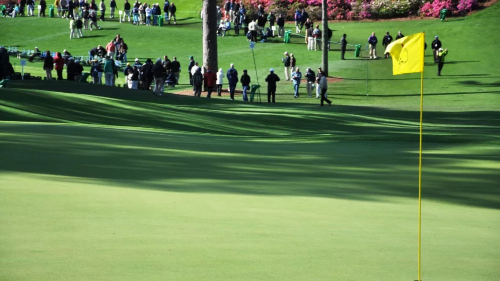 Flag on green at MASTERS GOLF TOURNAMENT at Augusta National Golf Club in Augusta^ Georgia on October 16^ 2020. The Augusta National Golf Club is home to the annual Masters PGA golf tournament.