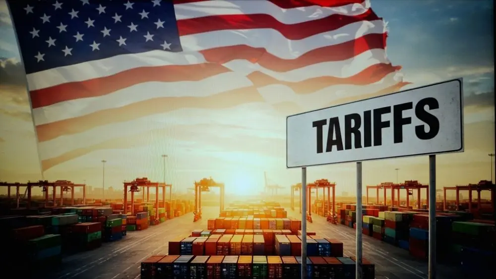 Selective focus on laptop screen displaying US high Tariffs on other countries Export and Import business and Tariff War in the world.