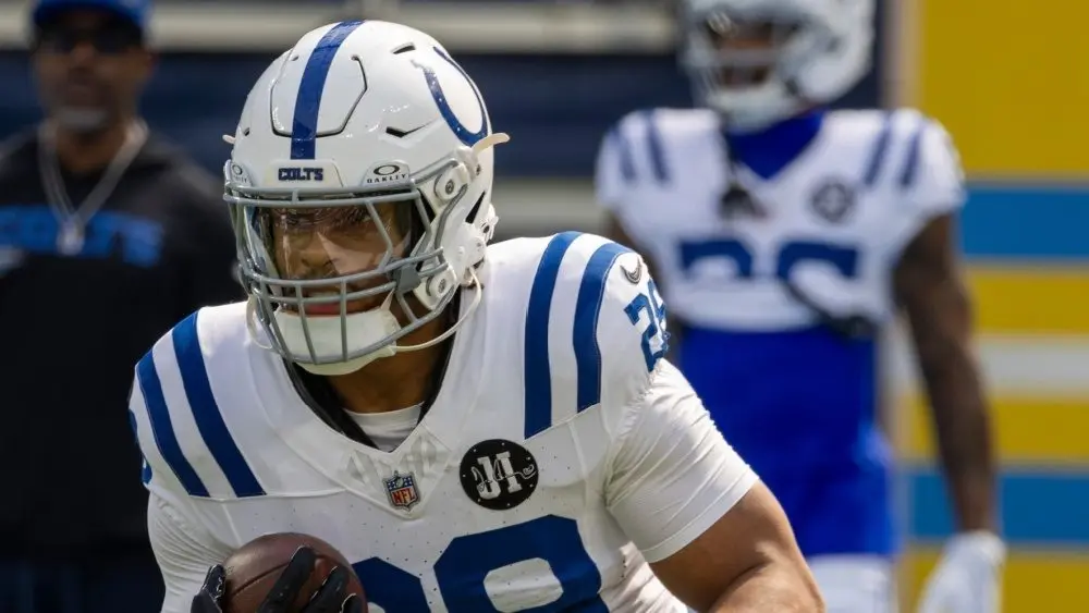 Indianapolis Colts running back Jonathan Taylor #28 warms up prior to an NFL football game against the Los Angeles Chargers at SoFi Stadium^ Oct. 19^ 2025^ in Inglewood^ Calif.