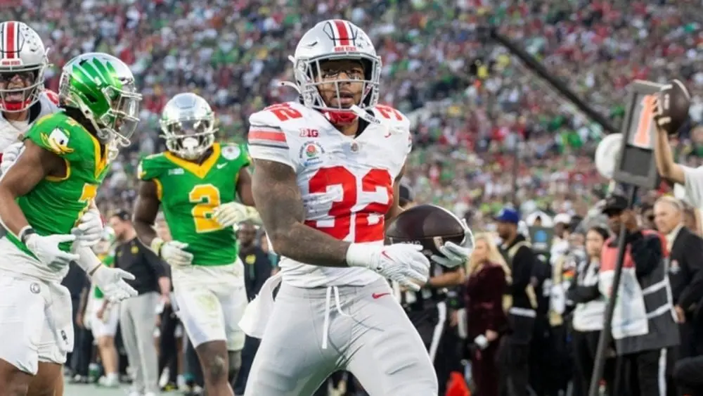 Ohio State running back TreVeyon Henderson #32 scores a touchdown against Oregon during the 2025 Rose Bowl game Wednesday^ Jan. 1^ 2024^ in Pasadena^ Calif.
