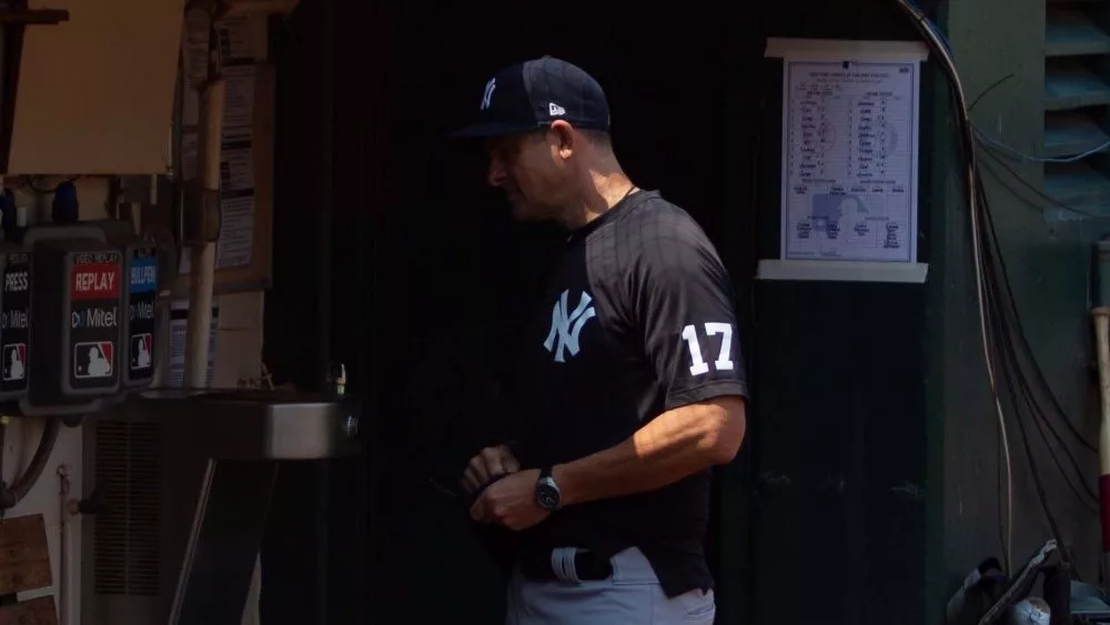 New York Yankees Manager Aaron Boone #17 before a game against the Oakland Athletics. Oakland^ California - August 28^ 2021