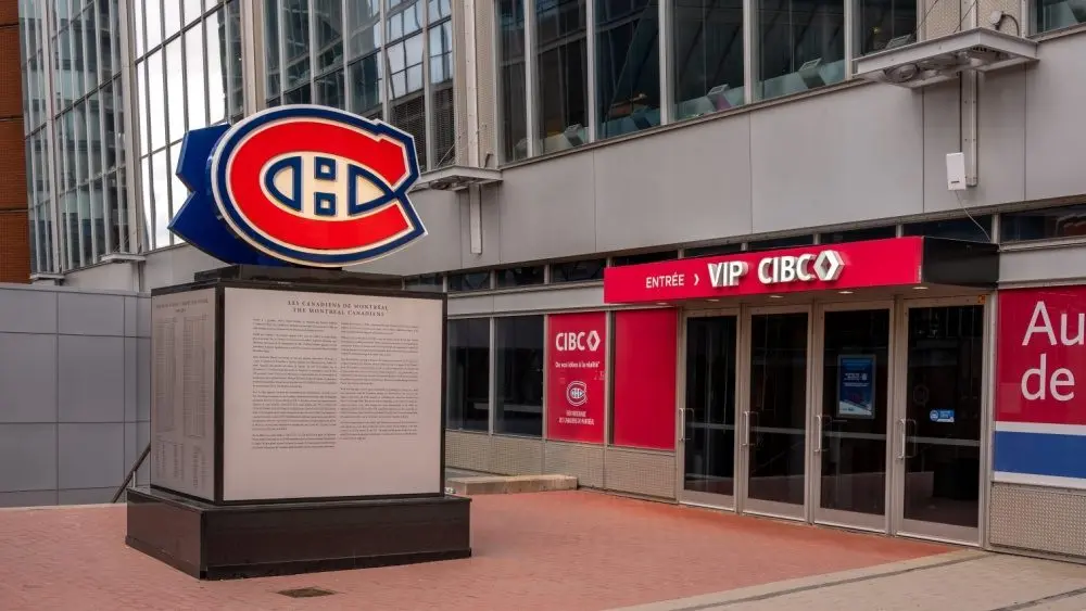 Outside the landmark Bell Centre^ home of the Montreal Canadiens of the NHL. Montreal^ Quebec - May 25^ 2024