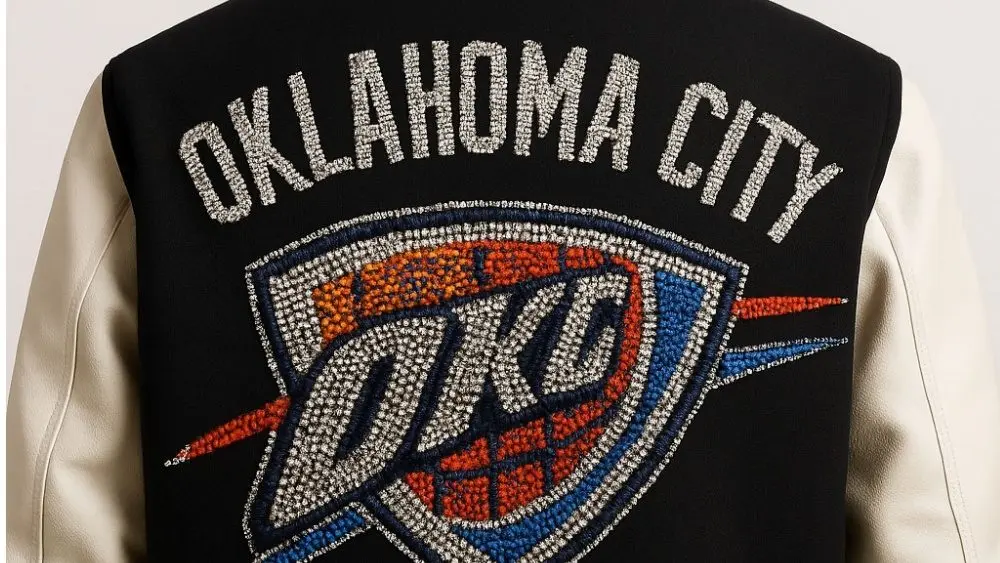 OKLAHOMA CITY THUNDER IN ALL RHINESTONES AS PATCH ON BACK OF MENS VARSITY JACKET AI-generated image / This content was generated by an Artificial Intelligence (AI) system.