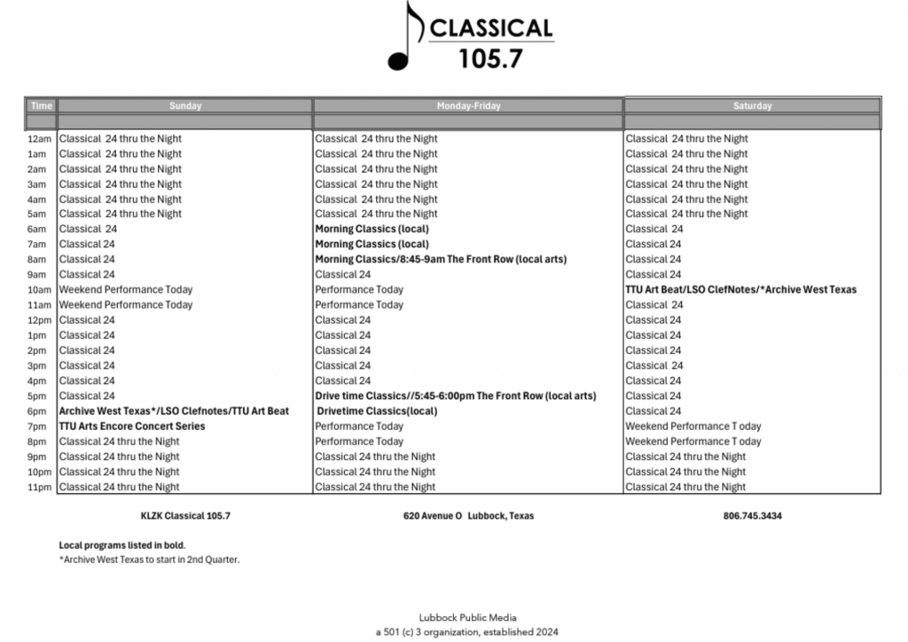 Program Schedule | Classical 105.7