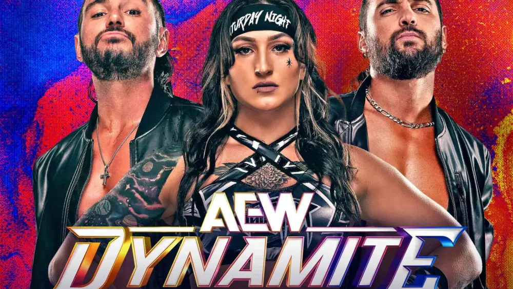 all elite wrestling flyer featuring three wrestlers and the text AEW DYNAMITE