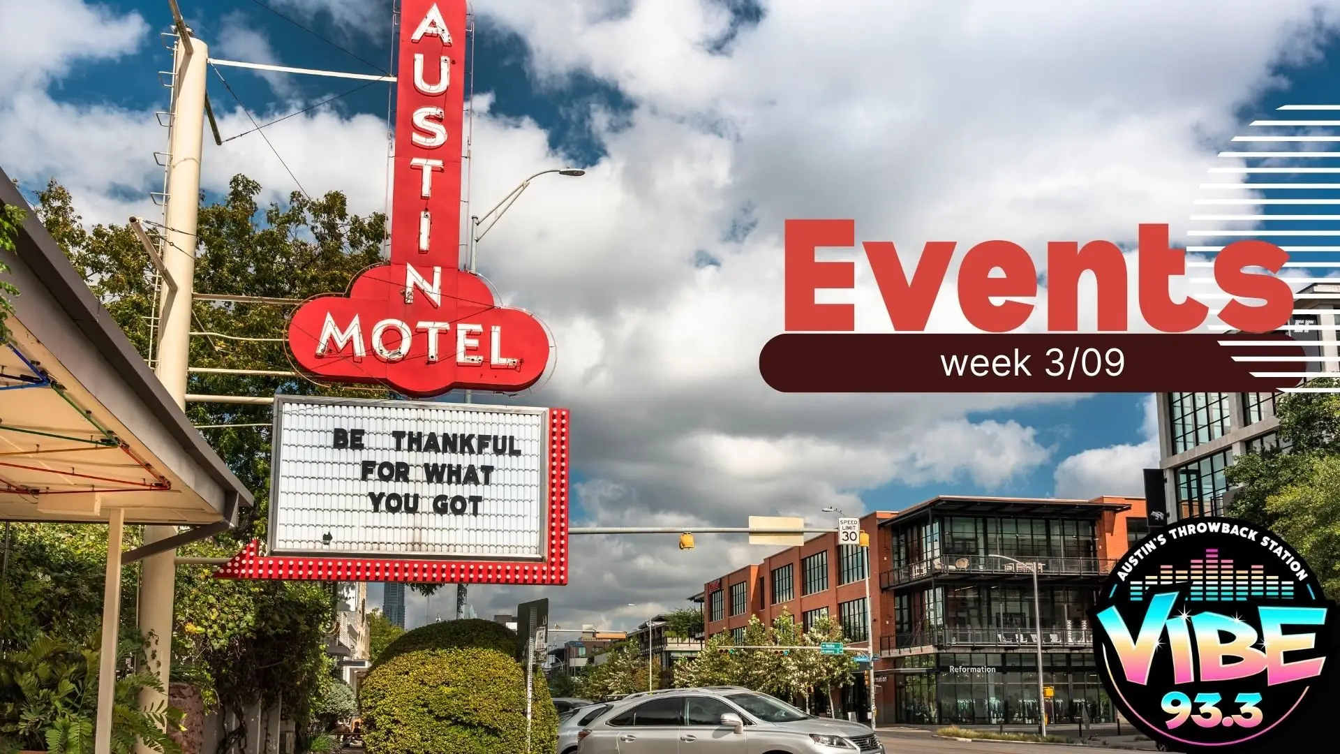 Austin Motel Background photo with events text and vibe logo