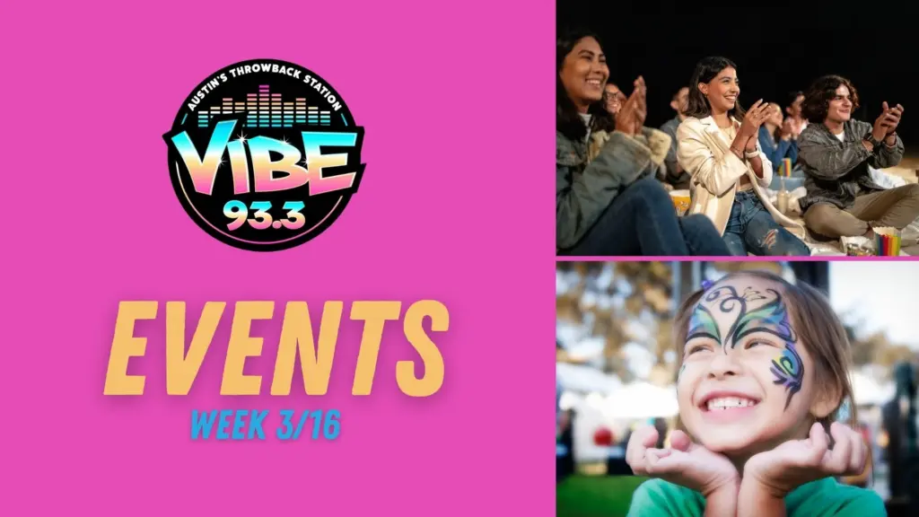 Pink Background with two photos, on right top to bottom: crowd applauding and a girl with face paint on. Vibe Logo and text indicading Events.