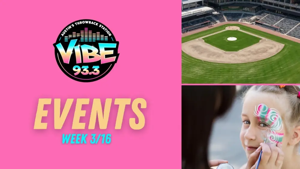 Pink Background with two photos, on right top to bottom: baseball field and a girl with face paint on. Vibe Logo and text indicading Events.