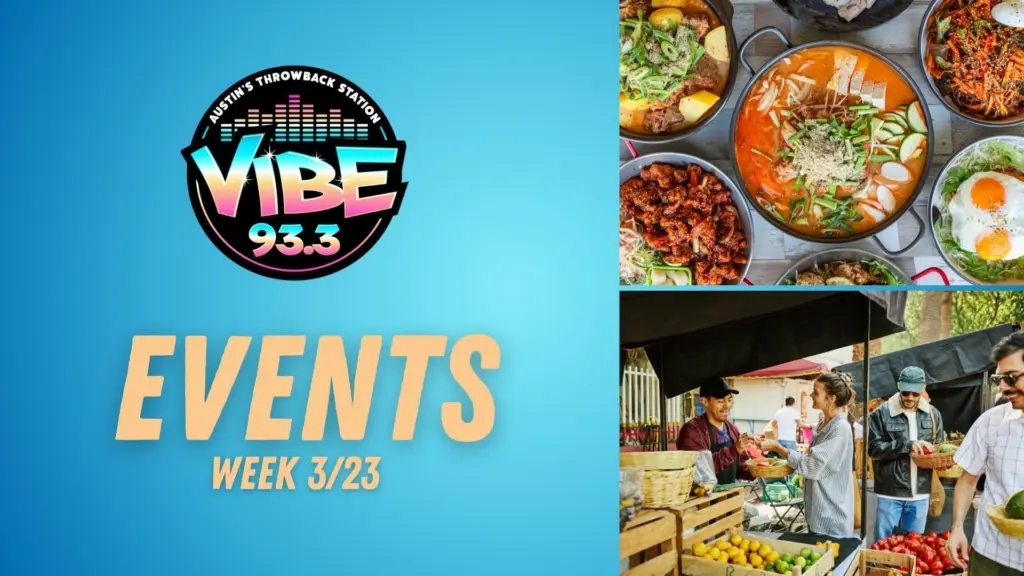 Gradient light blue Background with two photos, on right top to bottom: korean food and farmers market interaction. Vibe Logo and text indicading Events.