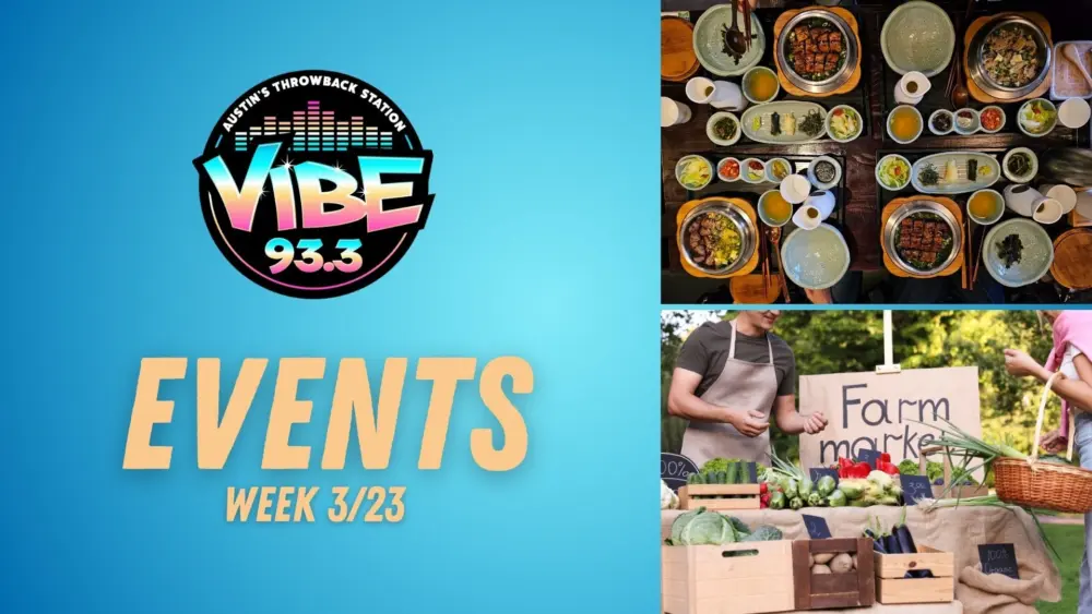 Gradient light blue Background with two photos, on right top to bottom: korean food and farmers market interaction. Vibe Logo and text indicading Events.