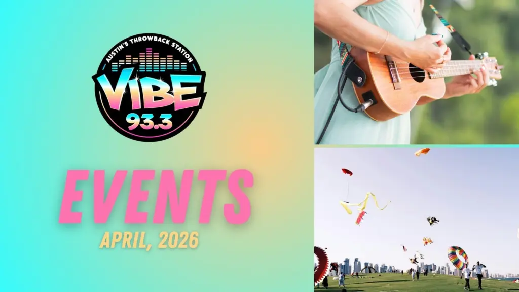 gradient green and blue Background with two photos, on right top to bottom: someone playing a ukulele and an open field with kites. Vibe Logo and text indicading Events.
