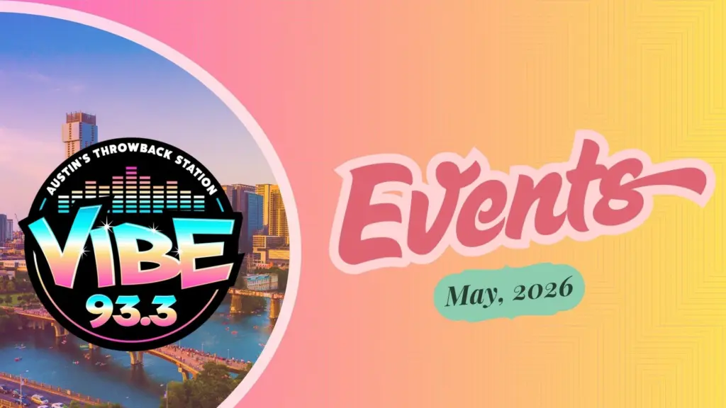 gradient pink and orange Background with an austin view photo on the left with Vibe Logo and text indicading Events May 2026.