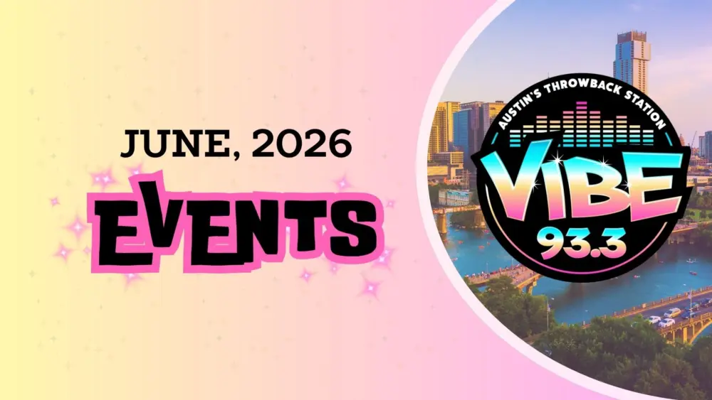 gradient pink and yellow Background with an austin view photo on the right with Vibe Logo and text indicading Events June 2026.
