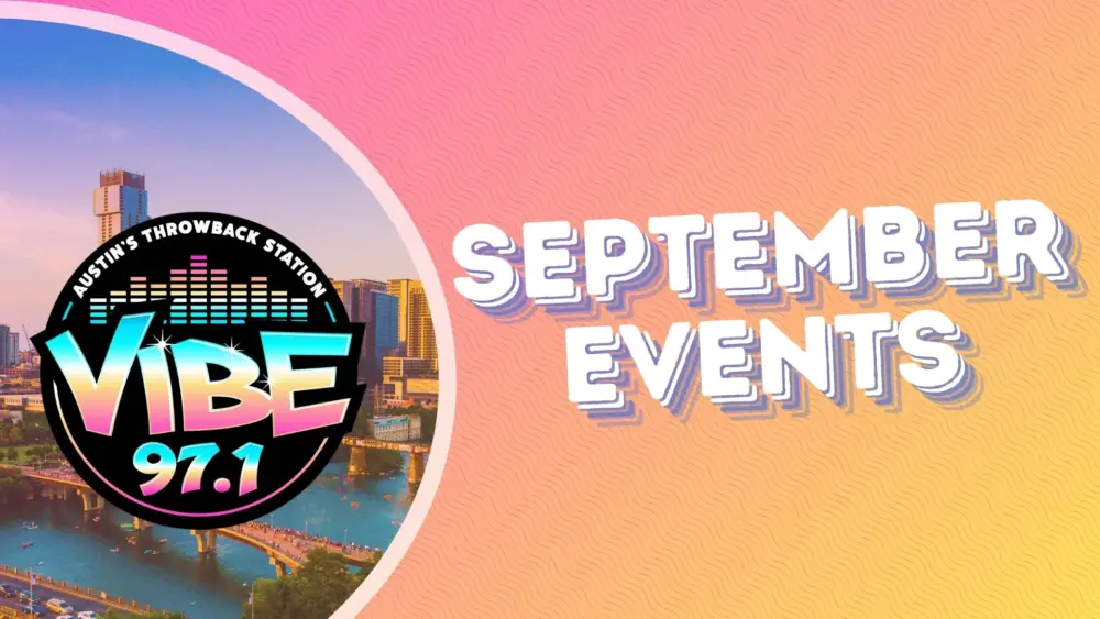 gradient pink and yellow Background with an austin view photo on the left and Vibe Logo. Text indicading Events September 2026.