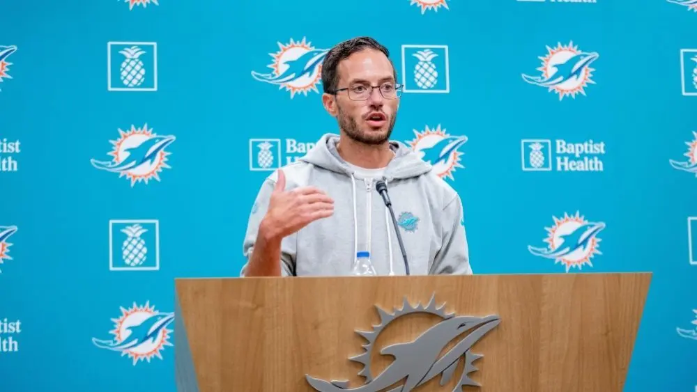 Miami Dolphins head coach Mike McDaniel answers questions at a pre-practice press conference at Baptist Health Training Complex in Miami Gardens^ FL September 22^ 2023