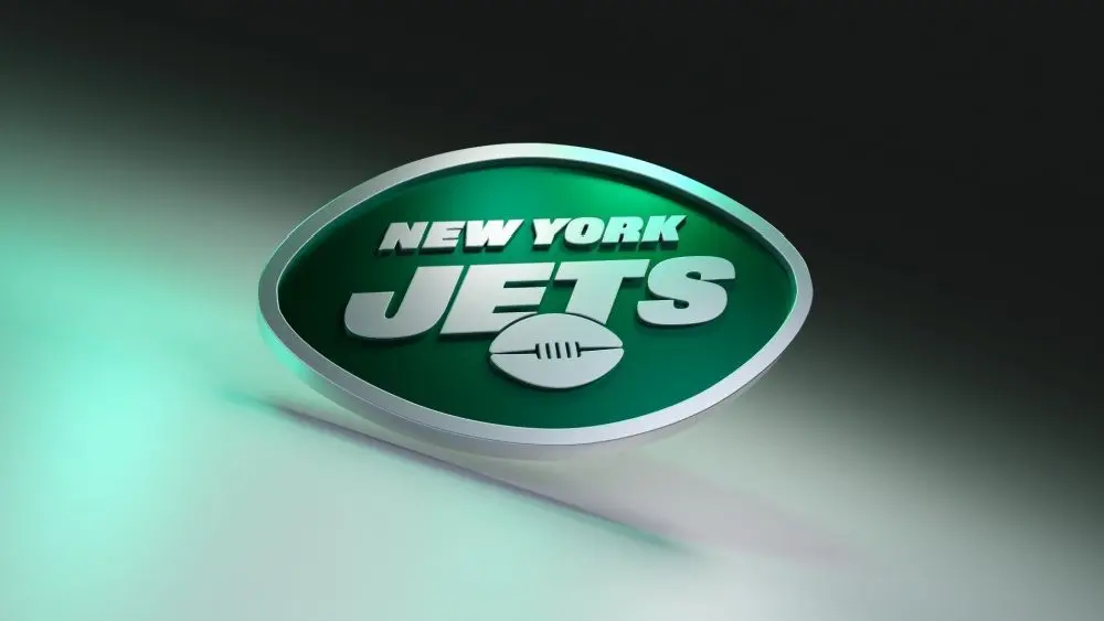 New York Jets logo on dark background with shiny details. 3D render. MUENSTER^ GERMANY - June 03^ 2023