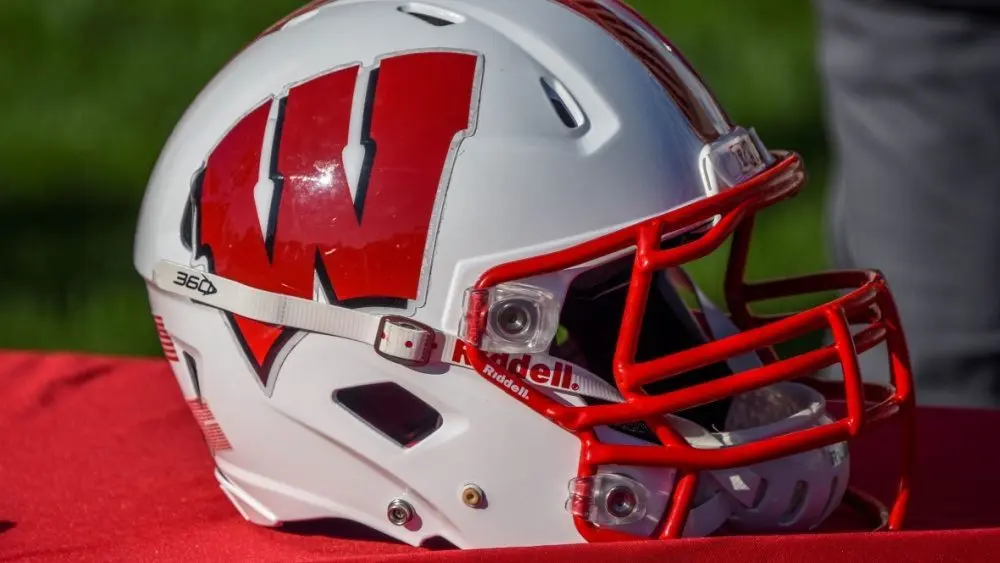 Chicago^ IL September 25^ 2021^ University of Wisconsin Badgers college football helmet^ red and white^ W logo^ American Football^ Big Ten