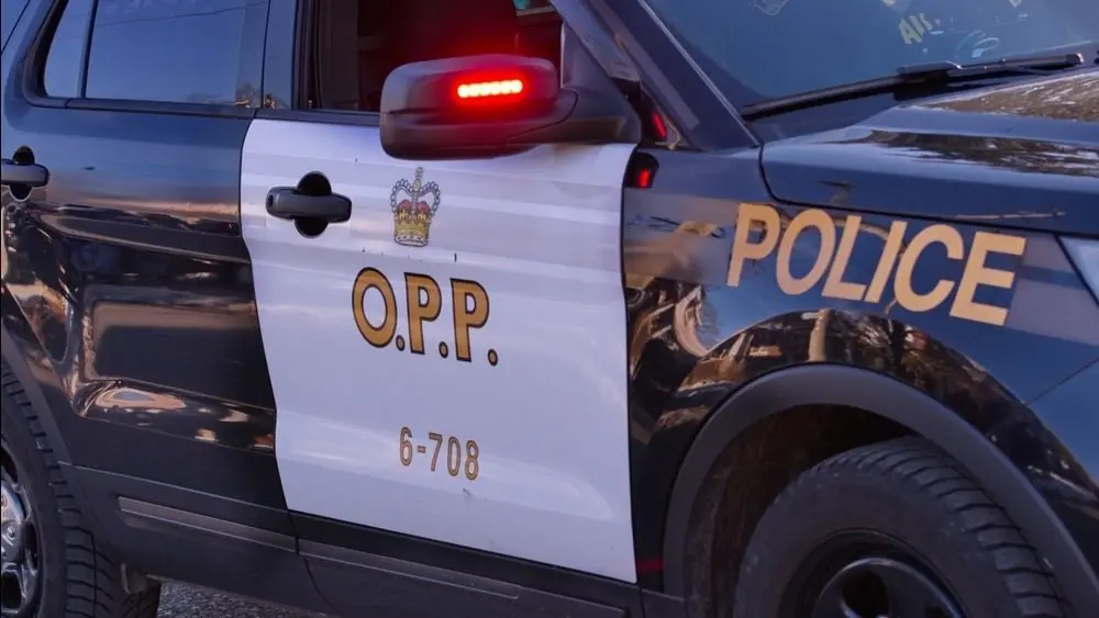 Tillsonburg^ Ontario - Canada - November 16^ 2019 : Showing an Ontario Provincial Police vehicle background with lights flashing.