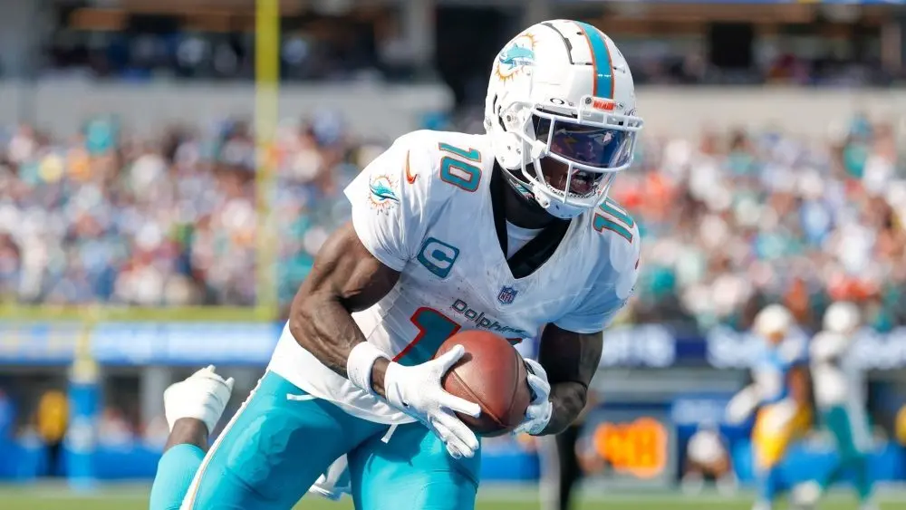 Miami Dolphins wide receiver Tyreek Hill (10) in actions during an NFL football game against the Los Angeles Chargers^ Sept. 10^ 2023^ in Inglewood^ Calif.