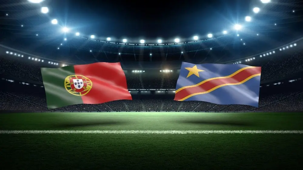 Football match preview between Portugal and DR Congo with national flags over a lit night soccer stadium background 3D rendering
