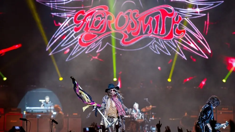 Rock band Aerosmith performs on stage during their Global Warming World Tour concert on May 17^ 2014 in Vilnius^ Siemens Arena^ Lithuania.
