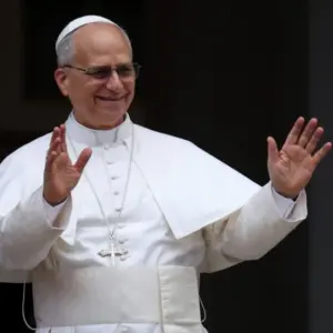 Pope Leo XIV at the gates of the Apostolic Palace before thousands of faithful in Castelgandolfo. Italy - August 17^ 2025