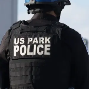 United States Park Police with blue helmet on horseback at the Lincoln Memorial. Washington D.C.^ USA - February 11^ 2026