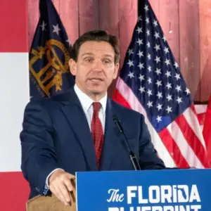 Florida Governor Ron DeSantis delivers a speech to invited guests at Adventure Outdoors^ Smyrna Georgia Smyrna^ Georgia USA - March 30^ 2023