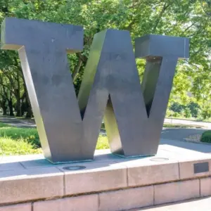 ‘W’ logo at University of Washington in Seattle^ WA^ USA - June 15^ 2023. The University of Washington is a public research university located in Seattle.