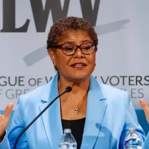 LA Mayor Karen Bass^ attends a mayoral debate on May 1^ 2022 in Los Angeles.