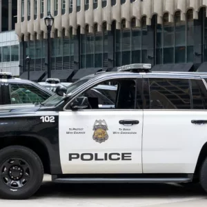 Minneapolis Police car in downtown Minneapolis^ Minnesota^ MN USA^ May 5^ 2023.