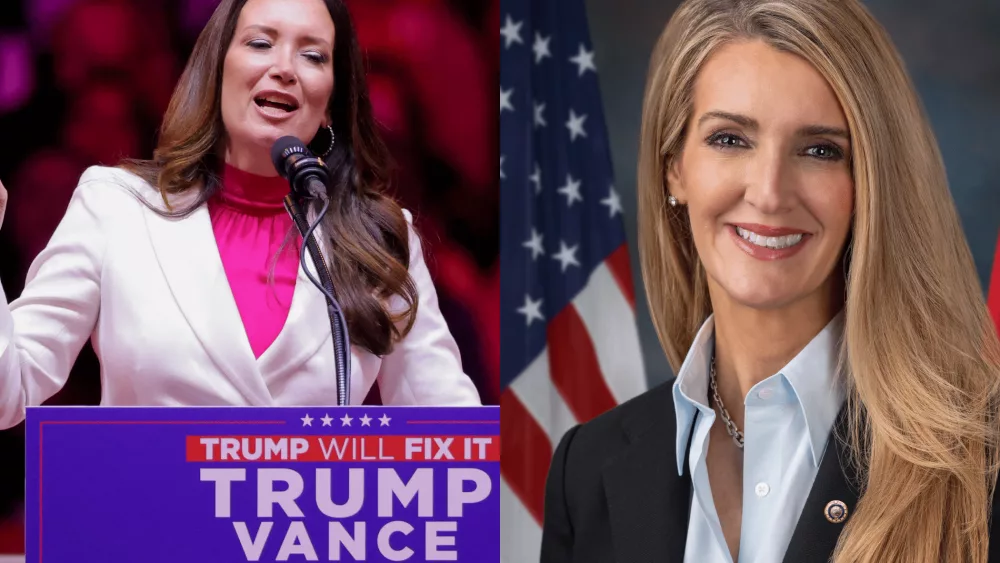 Two women featured side by side: On the left, Brooke Rollins speaks at a podium adorned with a 'Trump Will Fix It' campaign sign. On the right, Kelly Loeffler poses in her official portrait, wearing a blazer with an American flag in the background.