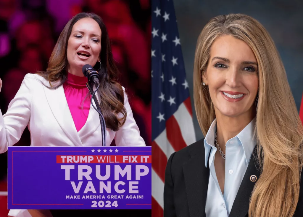 Two women featured side by side: On the left, Brooke Rollins speaks at a podium adorned with a 'Trump Will Fix It' campaign sign. On the right, Kelly Loeffler poses in her official portrait, wearing a blazer with an American flag in the background.